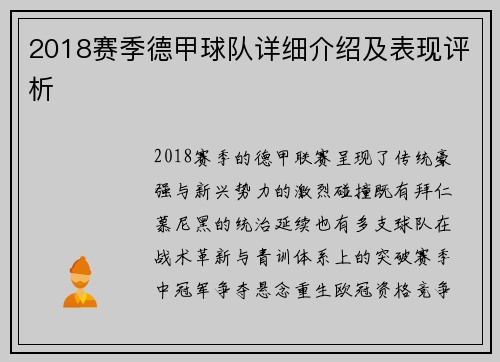 2018赛季德甲球队详细介绍及表现评析